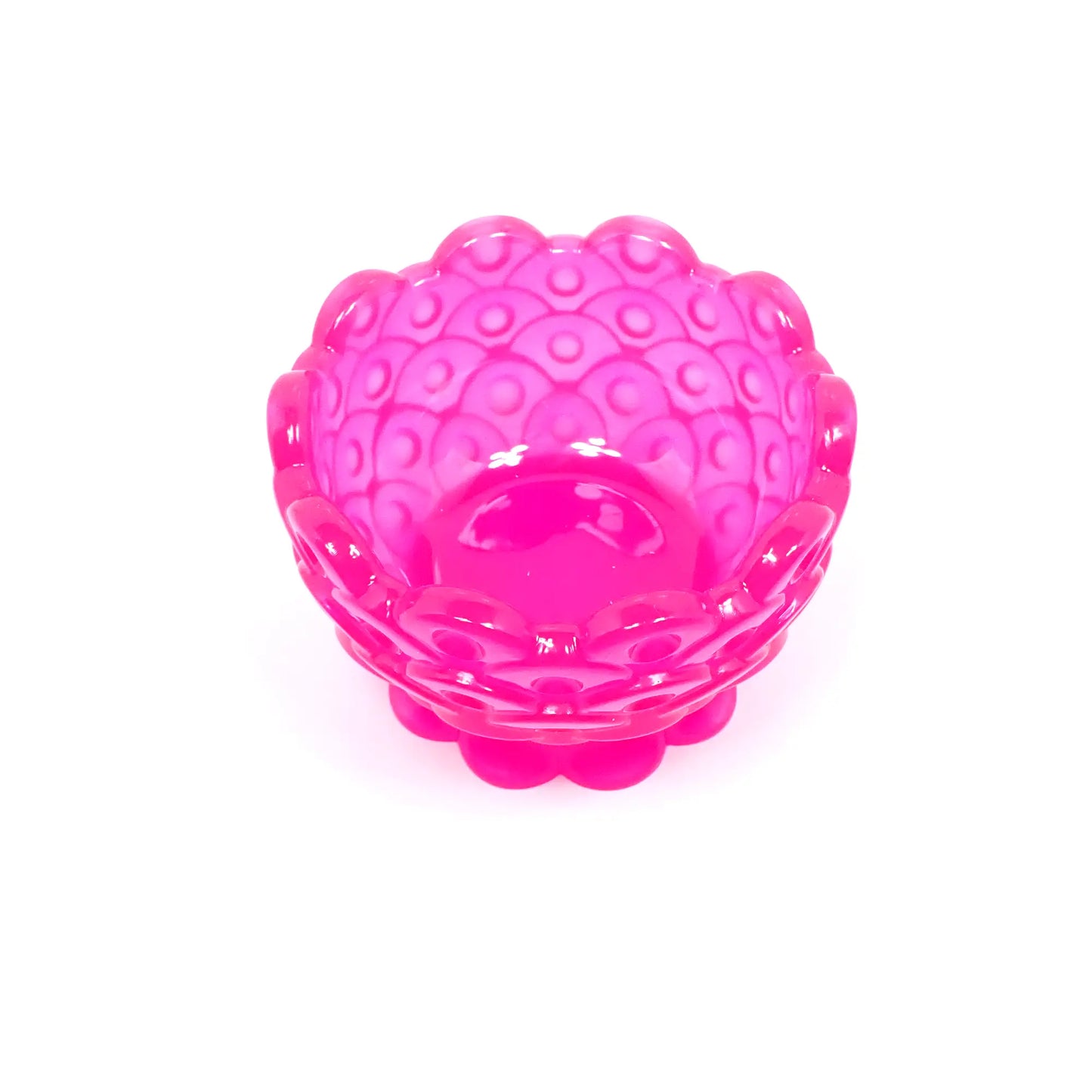 Small Handmade Neon Pink Resin Decorative Footed Bowl with Scalloped Edge and Indented Dot Pattern