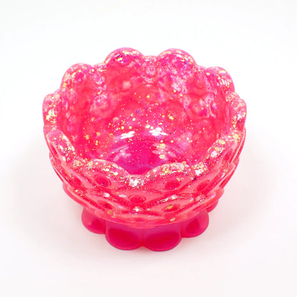 Small Handmade Bright Pearly Pink Resin Decorative Footed Bowl with Iridescent Glitter and Scalloped Edge