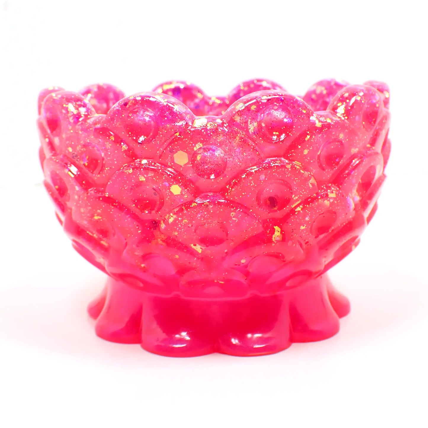 Small Handmade Bright Pearly Pink Resin Decorative Footed Bowl with Iridescent Glitter and Scalloped Edge