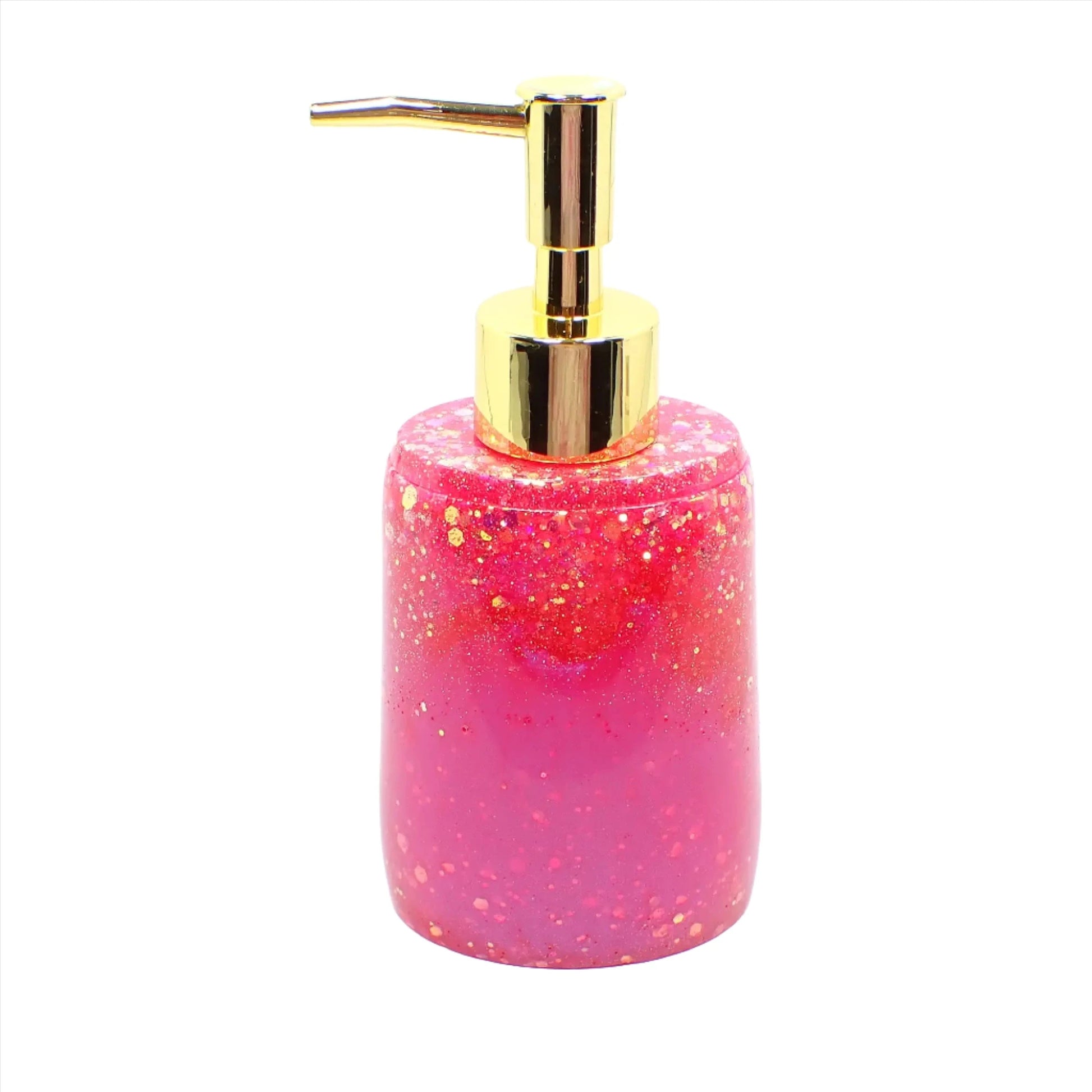Side view of the handmade resin and glitter soap dispenser. It is oval shaped with a gold tone metallic plastic pump style top. The resin is a bright pearly iridescent pink color with chunky iridescent glitter.