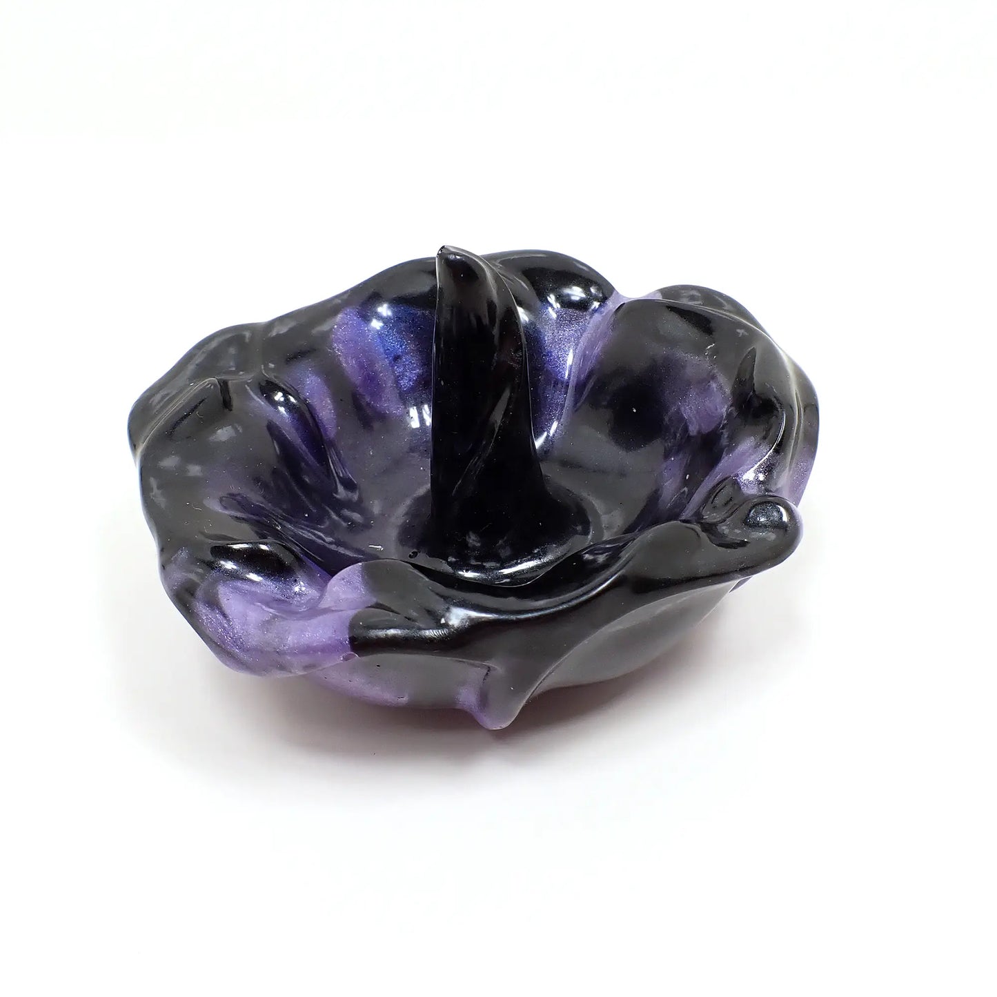 Handmade Pearly Black and Color Shift Purple Blue Resin Flower Ring Dish Holder