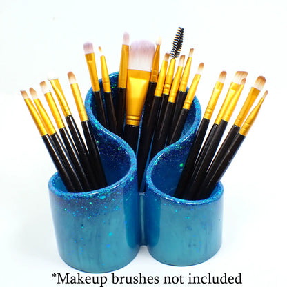 Handmade Aqua Blue Resin Makeup Brush Holder with Iridescent Glitter