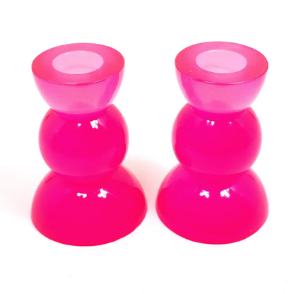 Set of Two Bright Neon Pink Resin Handmade Rounded Geometric Candlestick Holders