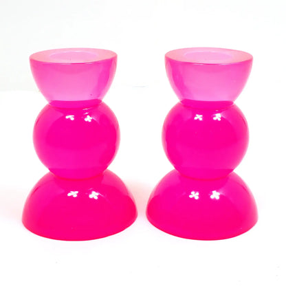 Set of Two Bright Neon Pink Resin Handmade Rounded Geometric Candlestick Holders