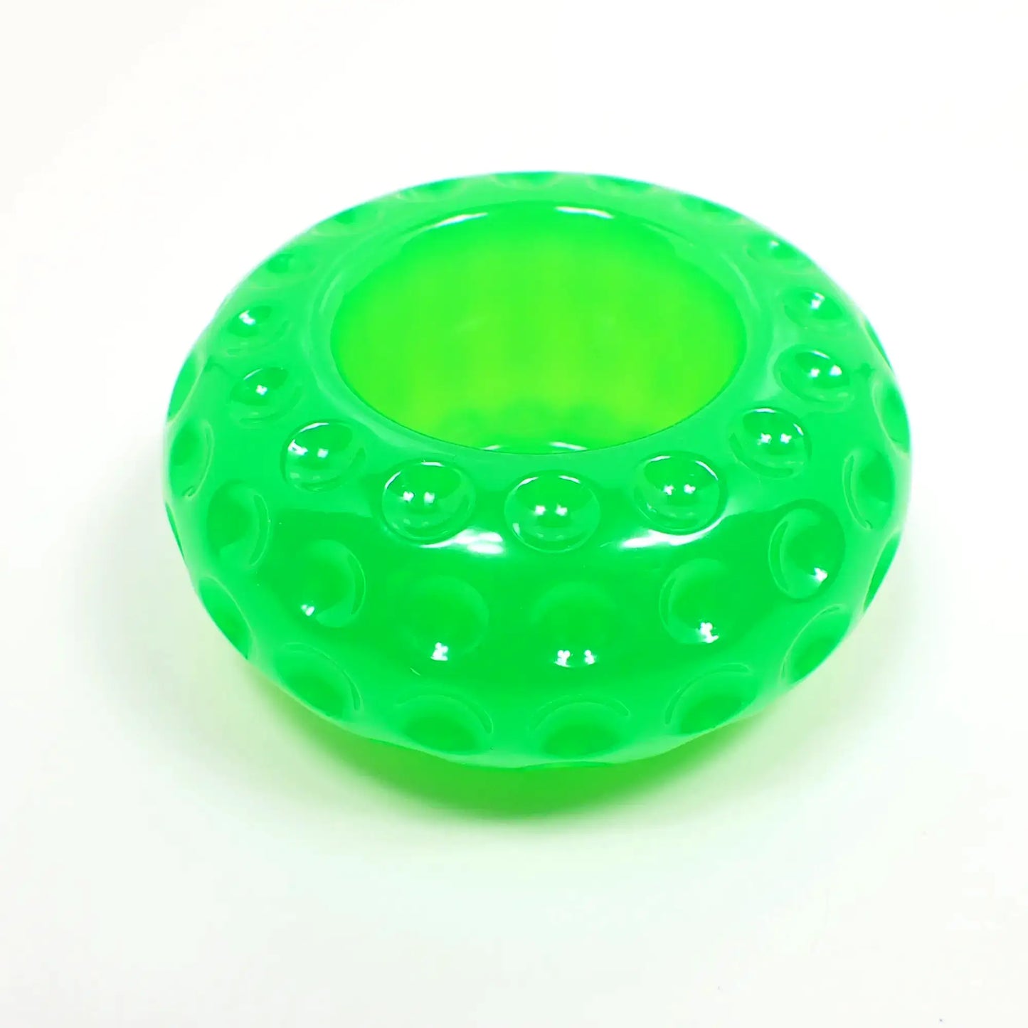 Small Handmade Bright Neon Green Resin Flameless Tea Light Candle Holder, Decorative Bowl, Puffy Rondelle Shaped with Indented Dot Pattern