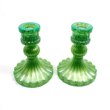 Set of Two Vintage Style Handmade Pearly Lime Green Resin Candlestick Holders with Chunky Iridescent Glitter