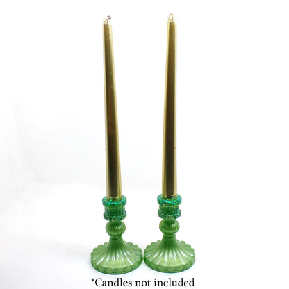 Set of Two Vintage Style Handmade Pearly Lime Green Resin Candlestick Holders with Chunky Iridescent Glitter