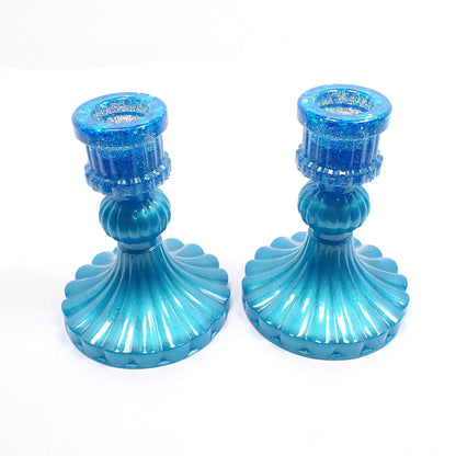 Set of Two Vintage Style Handmade Pearly Aqua Blue Resin Candlestick Holders with Chunky Iridescent Glitter