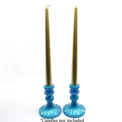 Set of Two Vintage Style Handmade Pearly Aqua Blue Resin Candlestick Holders with Chunky Iridescent Glitter