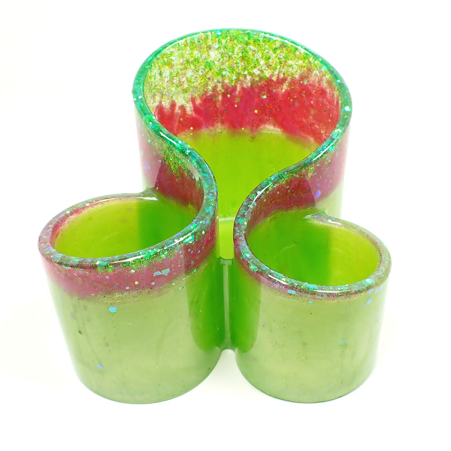 Handmade Lime Green and Pink Resin Makeup Brush Holder with Iridescent Glitter