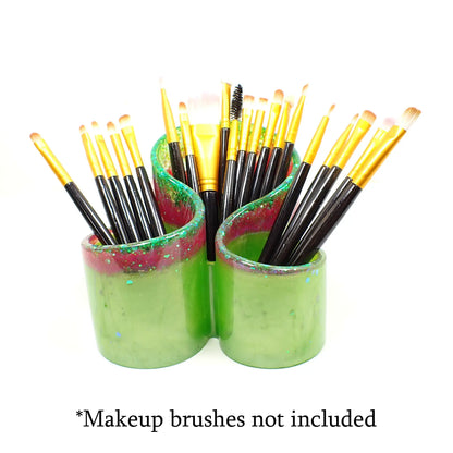 Handmade Lime Green and Pink Resin Makeup Brush Holder with Iridescent Glitter