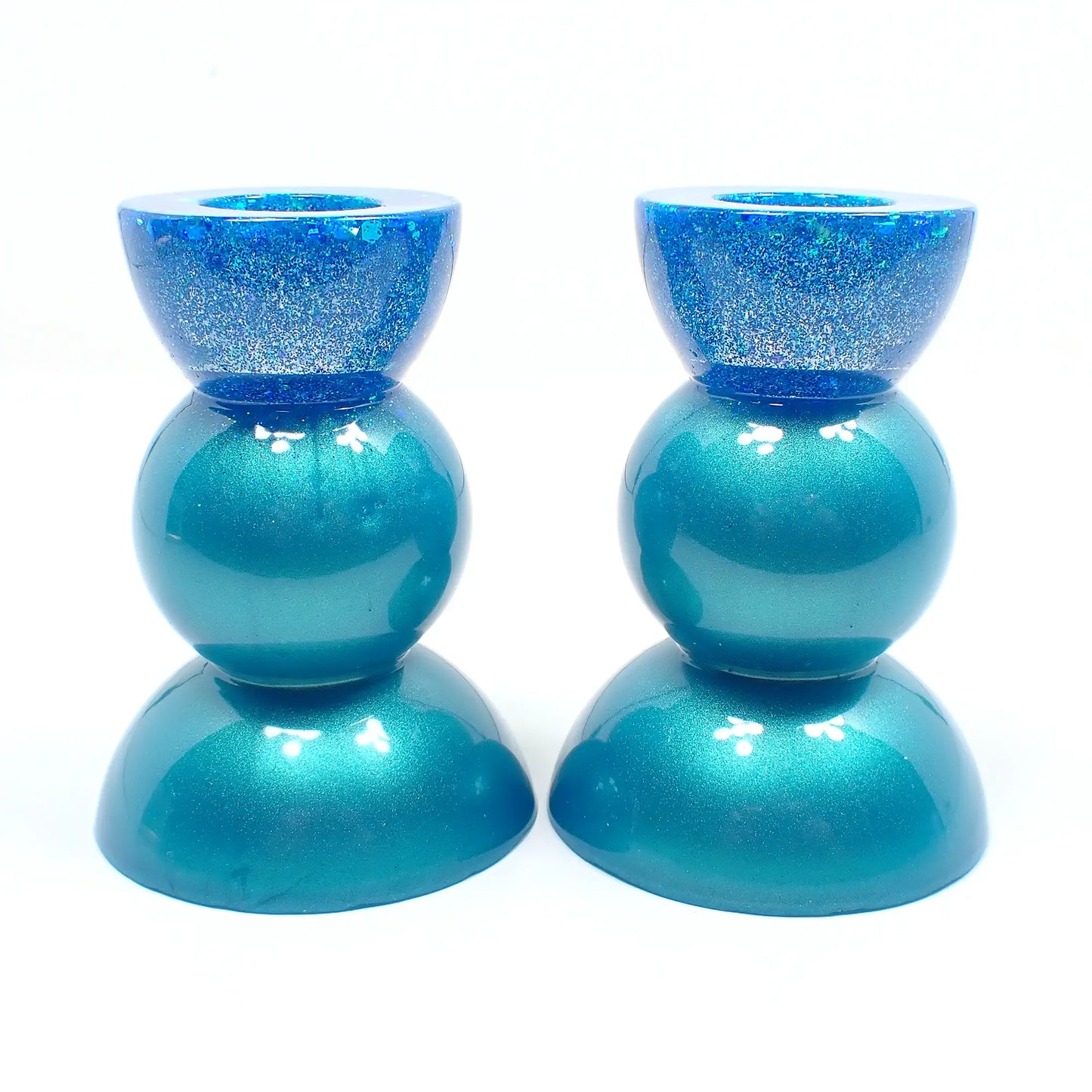 Set of Two Handmade Pearly Aqua Blue Resin Rounded Geometric Candlestick Holders with Chunky Iridescent Glitter