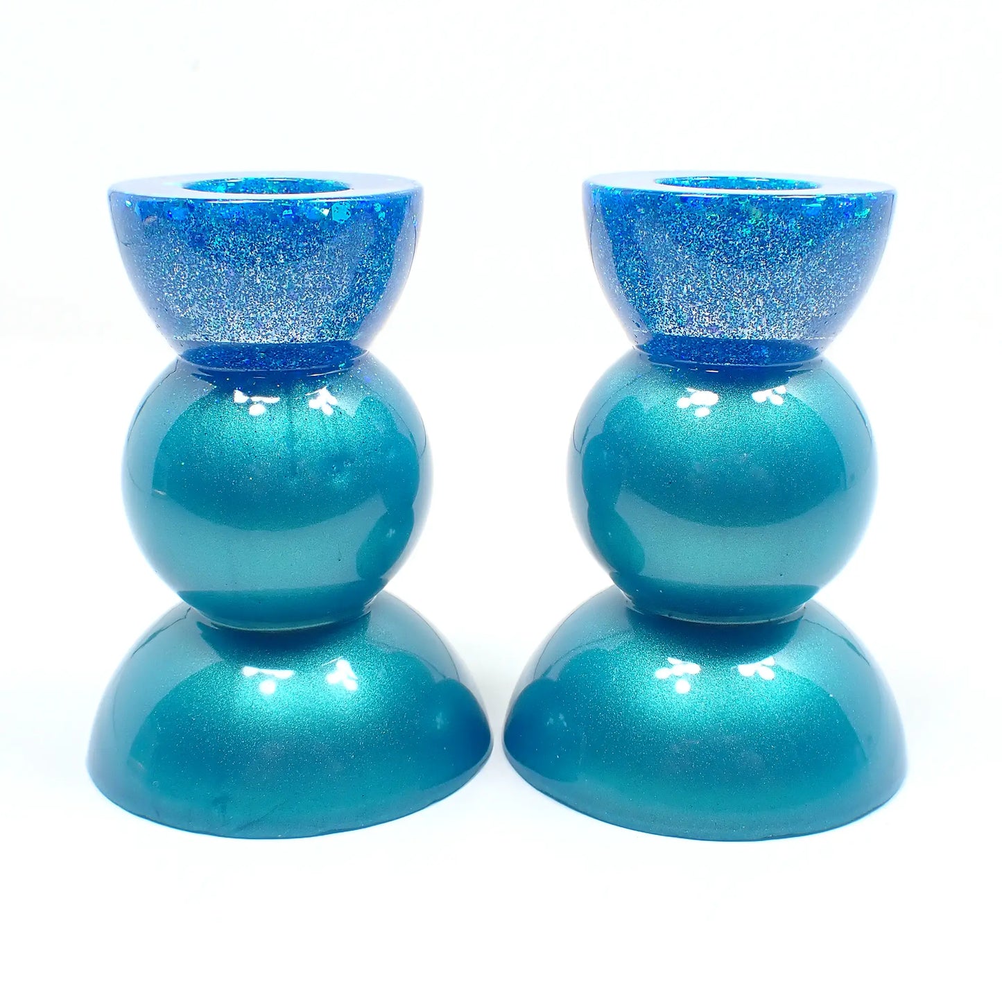 Set of Two Handmade Pearly Aqua Blue Resin Rounded Geometric Candlestick Candle Holders with Chunky Iridescent Glitter