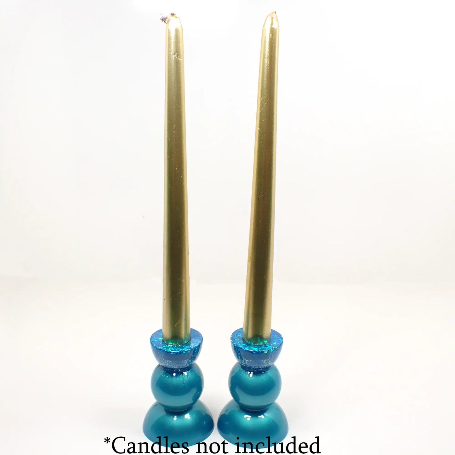 Set of Two Handmade Pearly Aqua Blue Resin Rounded Geometric Candlestick Candle Holders with Chunky Iridescent Glitter