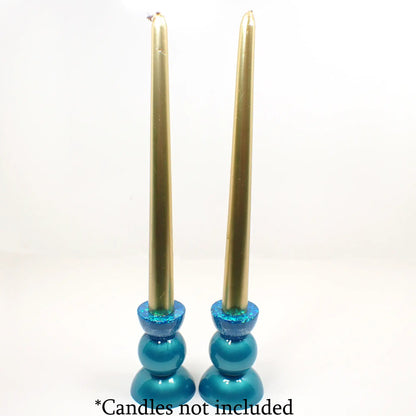 Set of Two Handmade Pearly Aqua Blue Resin Rounded Geometric Candlestick Candle Holders with Chunky Iridescent Glitter