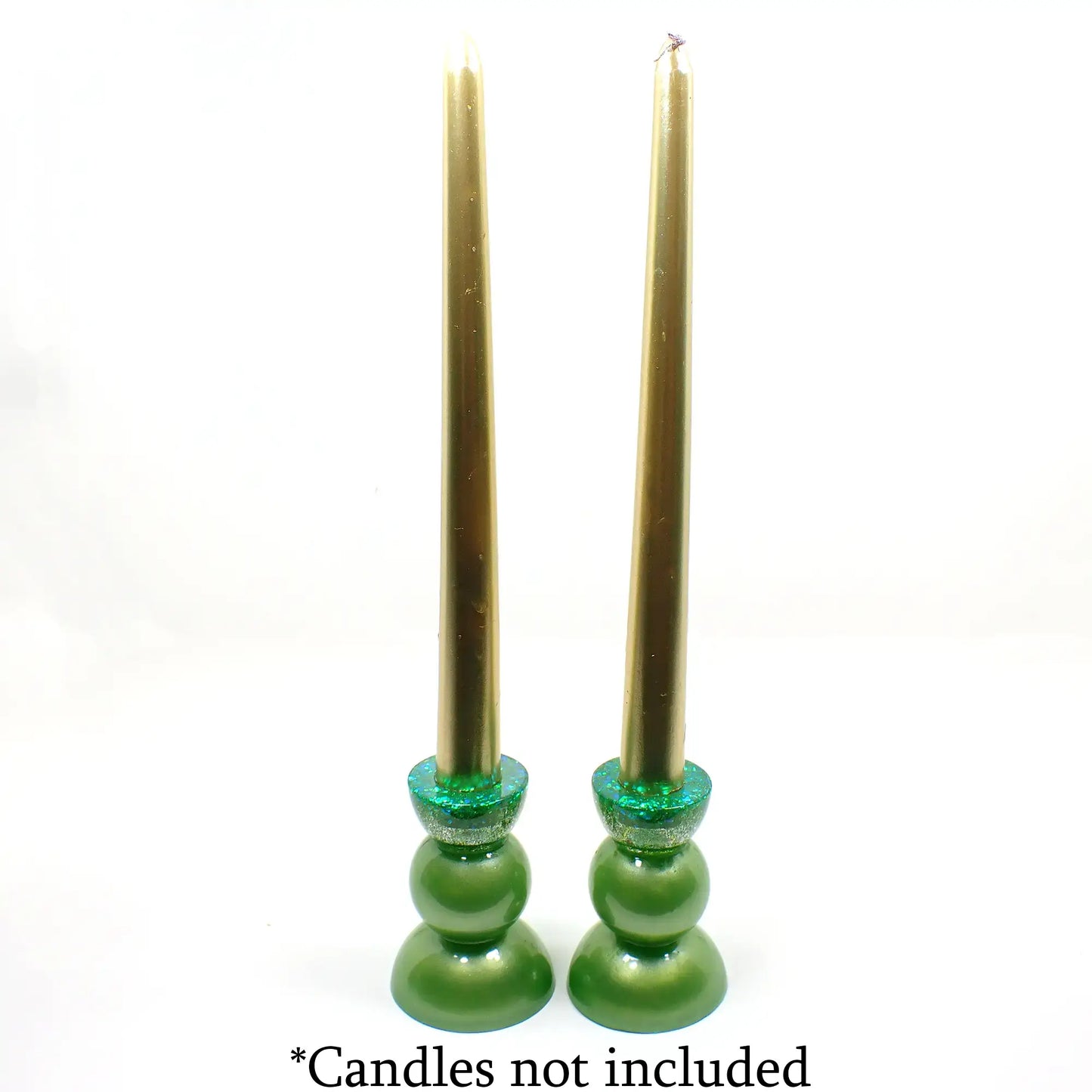 Set of Two Handmade Pearly Lime Green Resin Rounded Geometric Candlestick Holders with Chunky Iridescent Glitter