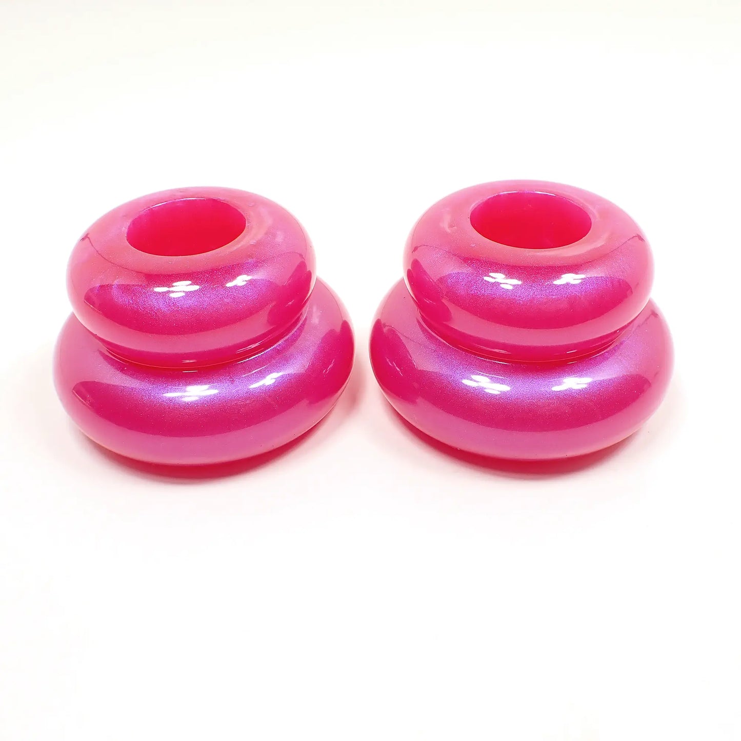 Set of Two Bright Pearly Pink Resin Handmade Puffy Round Double Ring Candlestick Holders