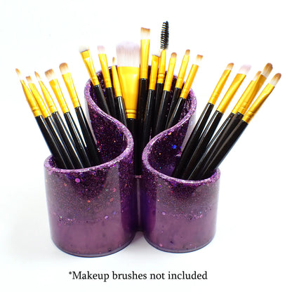 Handmade Resin Pearly Lilac Purple Makeup Brush Holder with Chunky Iridescent Glitter