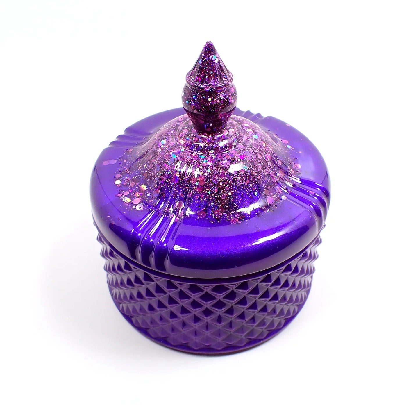 Handmade Pearly Bright Purple Trinket Box Candy Dish with Iridescent Glitter, Decorative Jar