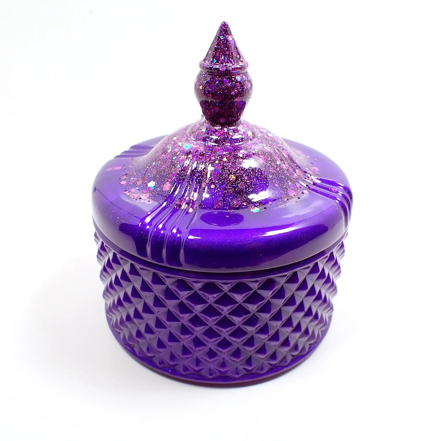 Handmade Pearly Bright Purple Trinket Box Candy Dish with Iridescent Glitter, Decorative Jar