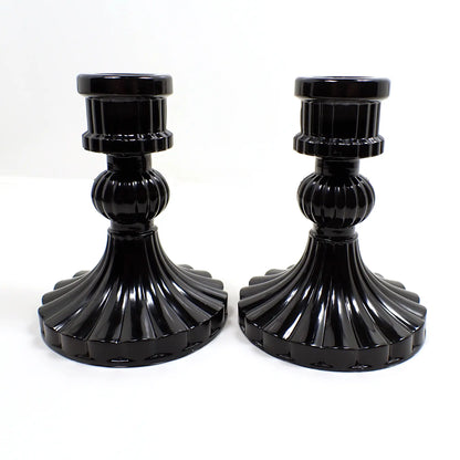 Set of Two Goth Vintage Style Handmade Shiny Black Resin Candlestick Candle Holders