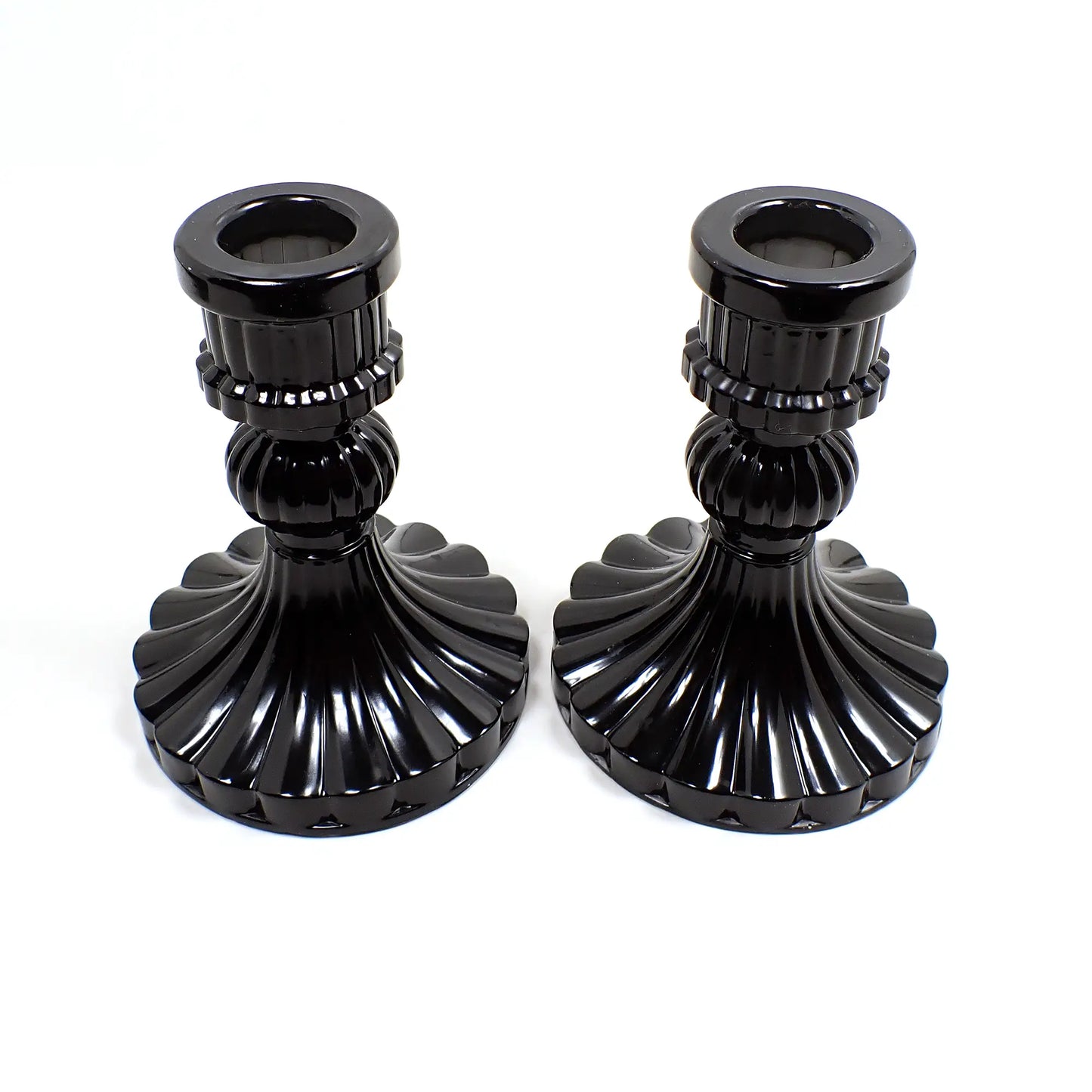 Set of Two Goth Vintage Style Handmade Shiny Black Resin Candlestick Candle Holders