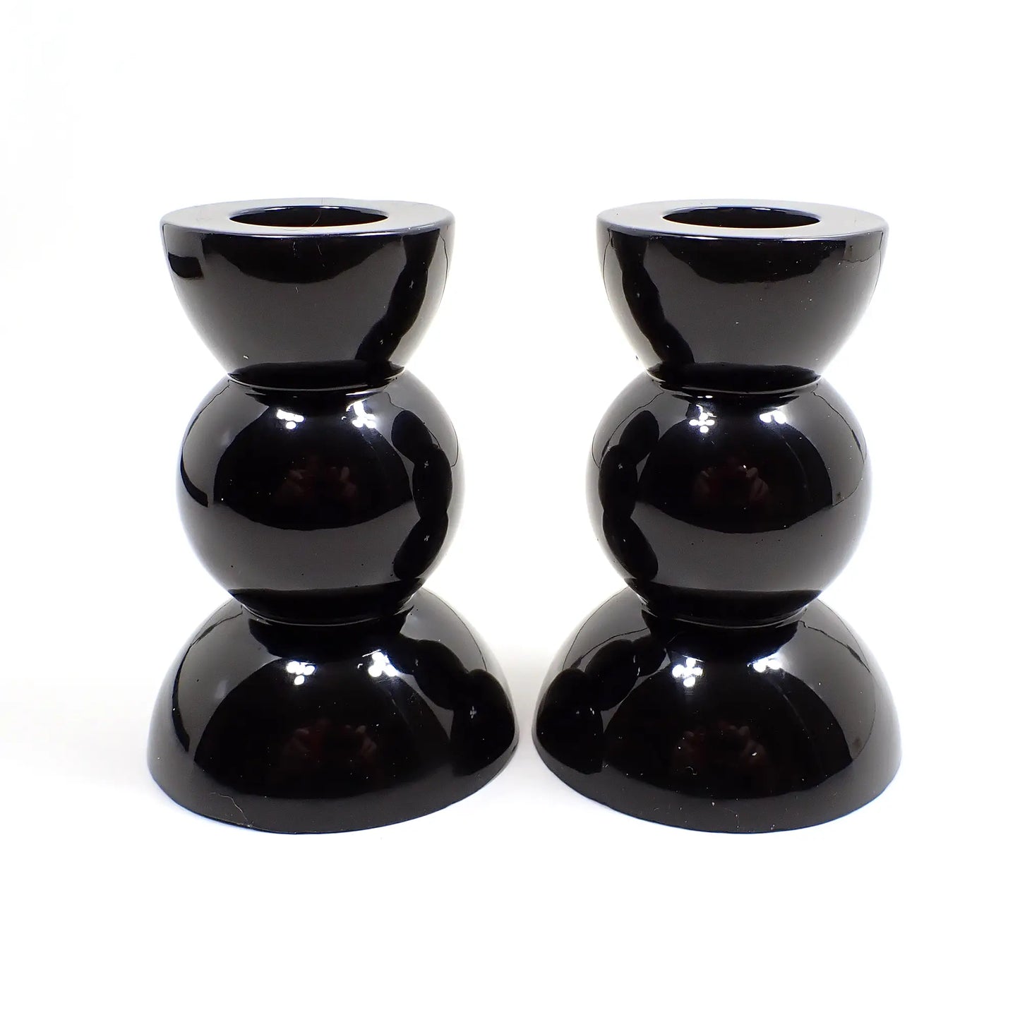 Set of Two Shiny Black Resin Handmade Rounded Geometric Candlestick Candle Holders