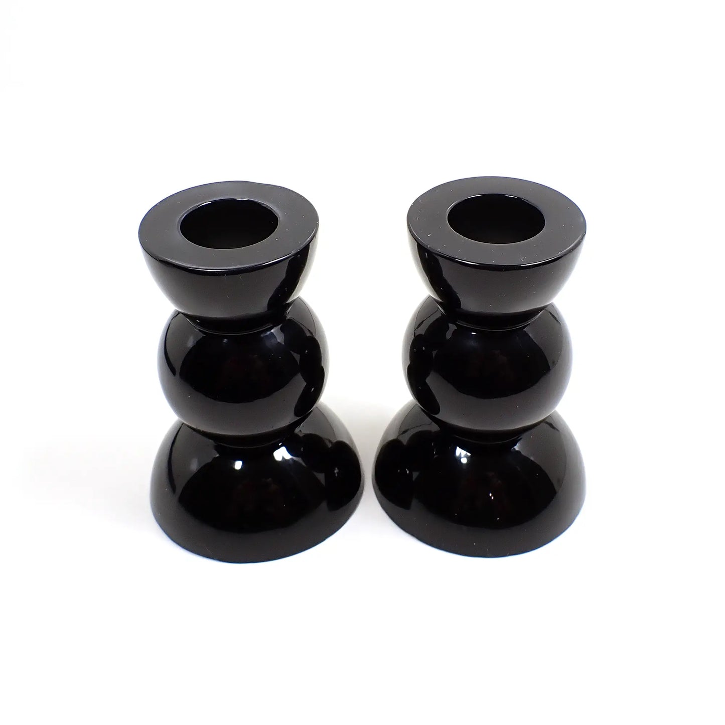 Set of Two Shiny Black Resin Handmade Rounded Geometric Candlestick Candle Holders