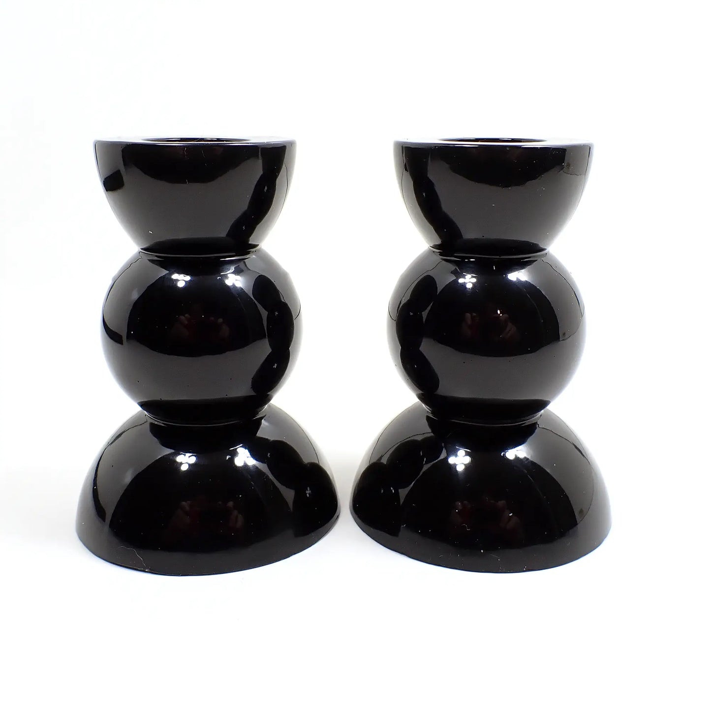 Set of Two Shiny Black Resin Handmade Rounded Geometric Candlestick Candle Holders