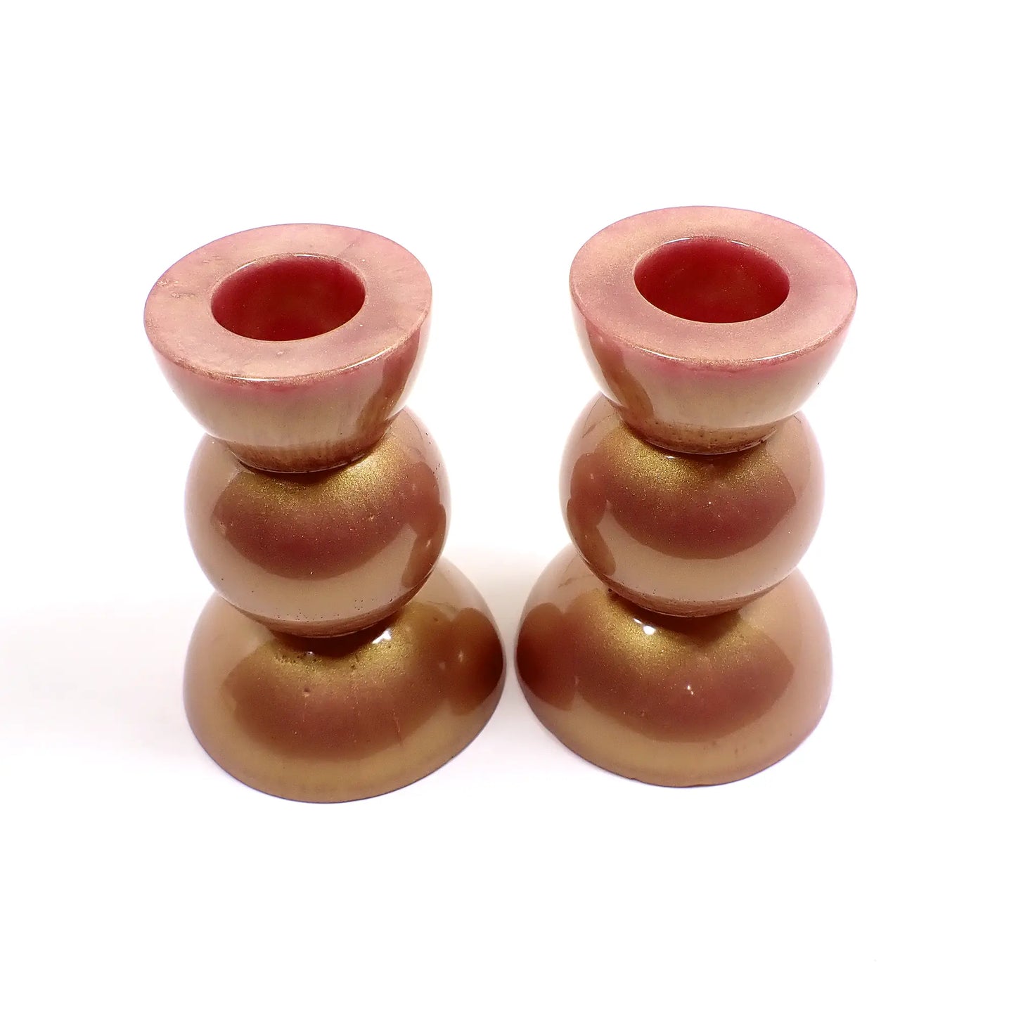 Set of Two Handmade Pearly Rose Gold Style Resin Rounded Geometric Candlestick Holders