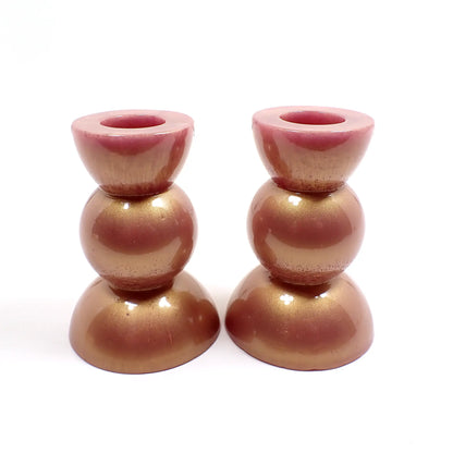 Set of Two Handmade Pearly Rose Gold Style Resin Rounded Geometric Candlestick Holders