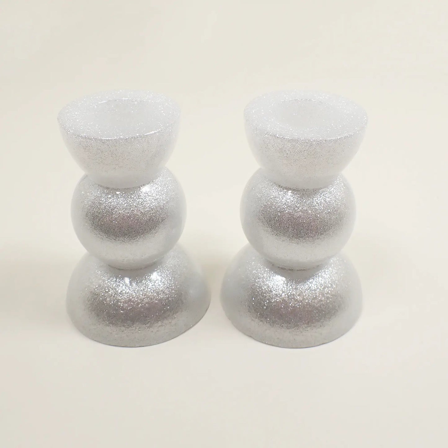 Set of Two Sparkly White Resin Handmade Rounded Geometric Candlestick Holders