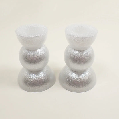 Set of Two Sparkly White Resin Handmade Rounded Geometric Candlestick Holders