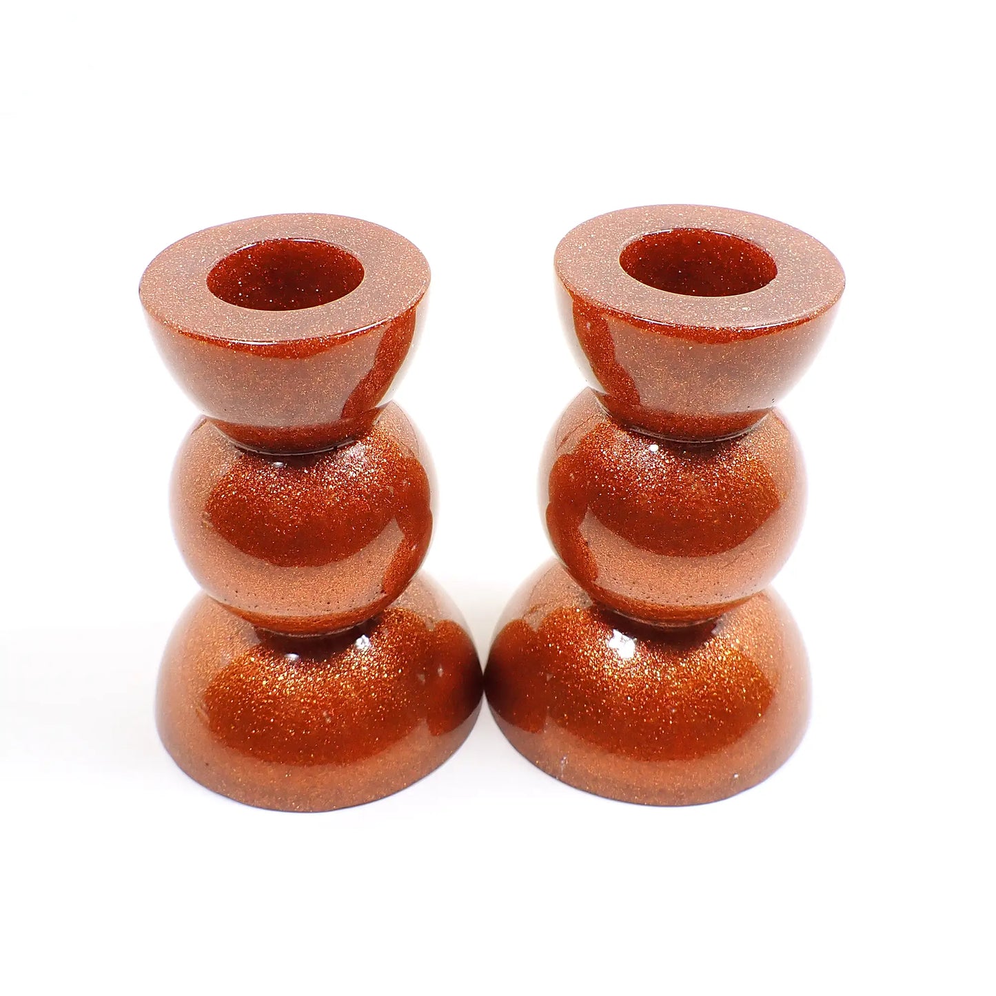 Set of Two Sparkly Copper Color Resin Handmade Rounded Geometric Candlestick Candle Holders