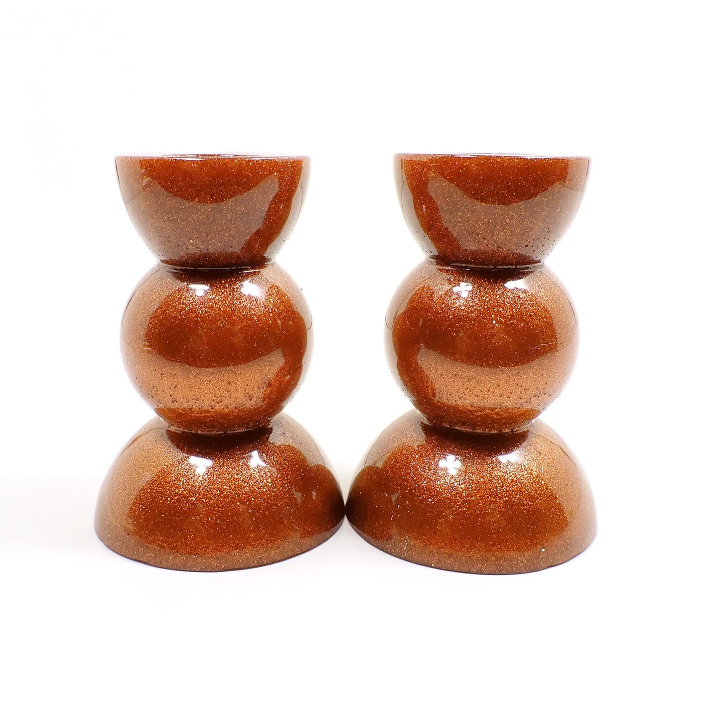 Set of Two Sparkly Copper Color Resin Handmade Rounded Geometric Candlestick Holders