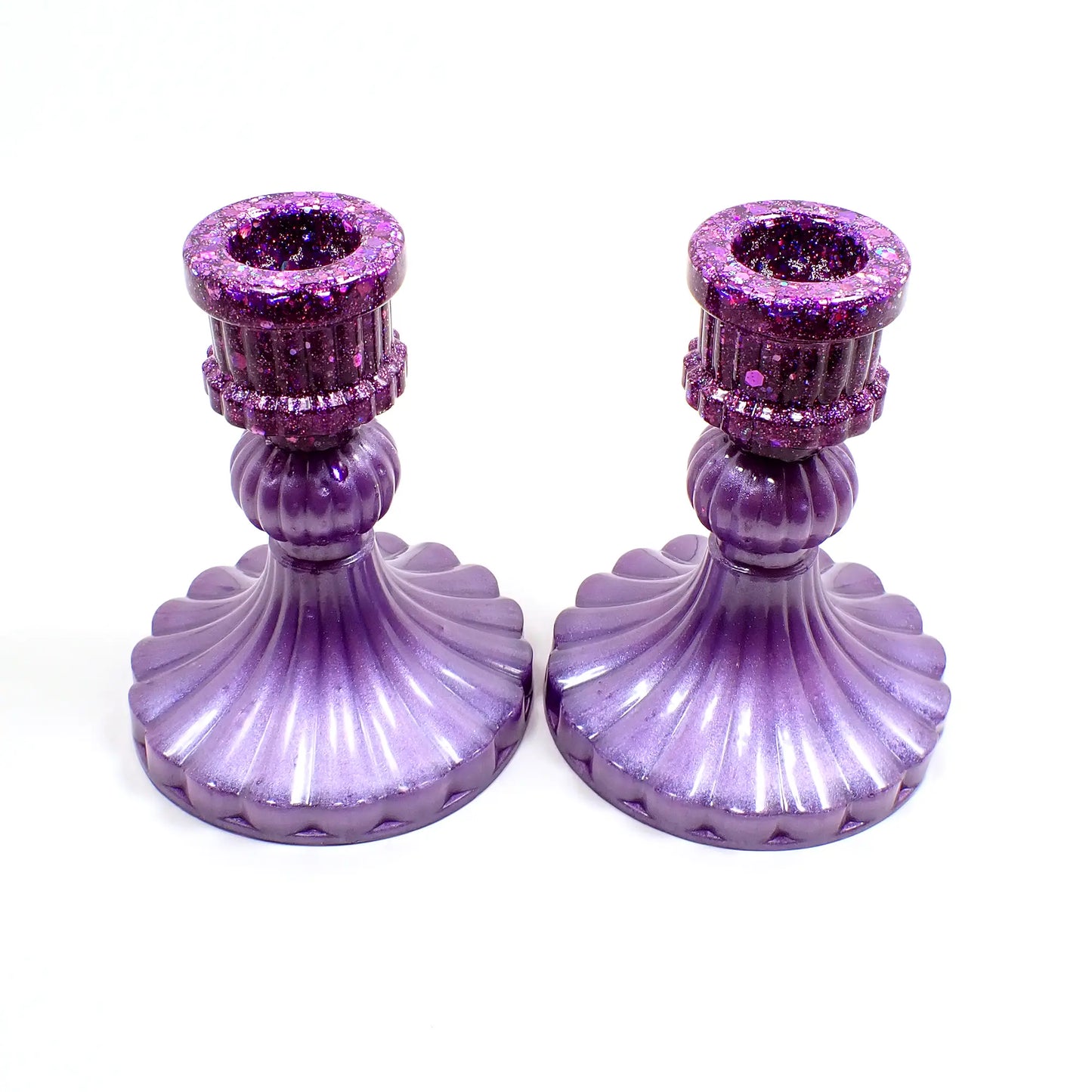 Set of Two Vintage Style Handmade Light Pearly Purple Resin Candlestick Holders with Chunky Iridescent Glitter