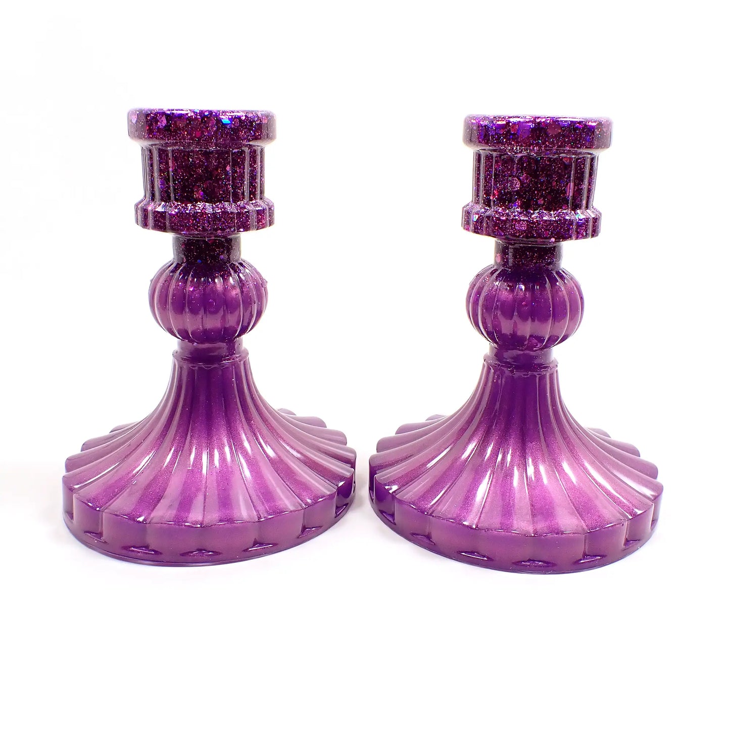 Set of Two Vintage Style Handmade Pearly Lilac Purple Resin Candlestick Candle Holders with Chunky Iridescent Glitter