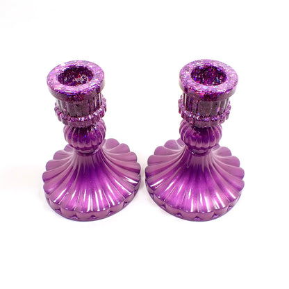 Set of Two Vintage Style Handmade Pearly Lilac Purple Resin Candlestick Holders with Chunky Iridescent Glitter
