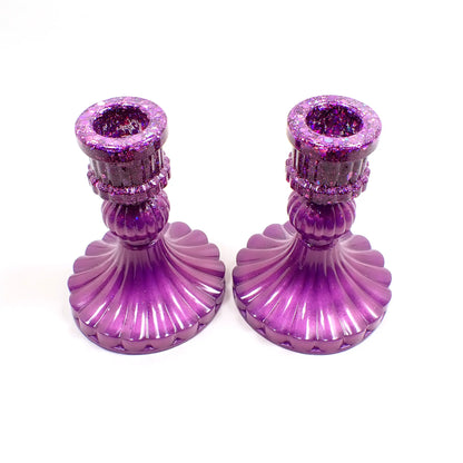 Set of Two Vintage Style Handmade Pearly Lilac Purple Resin Candlestick Candle Holders with Chunky Iridescent Glitter