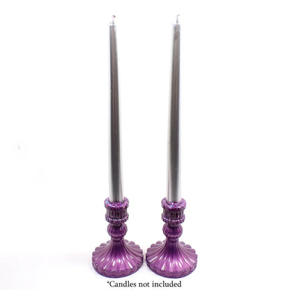 Set of Two Vintage Style Handmade Pearly Lilac Purple Resin Candlestick Holders with Chunky Iridescent Glitter