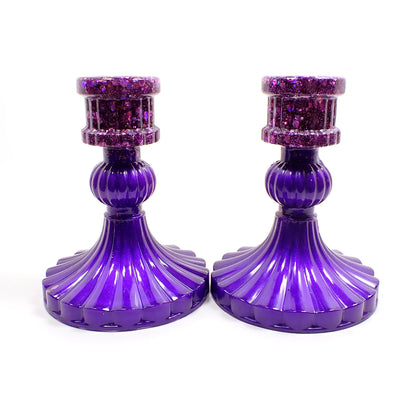 Set of Two Vintage Style Handmade Pearly Bright Purple Resin Candlestick Holders with Chunky Iridescent Glitter
