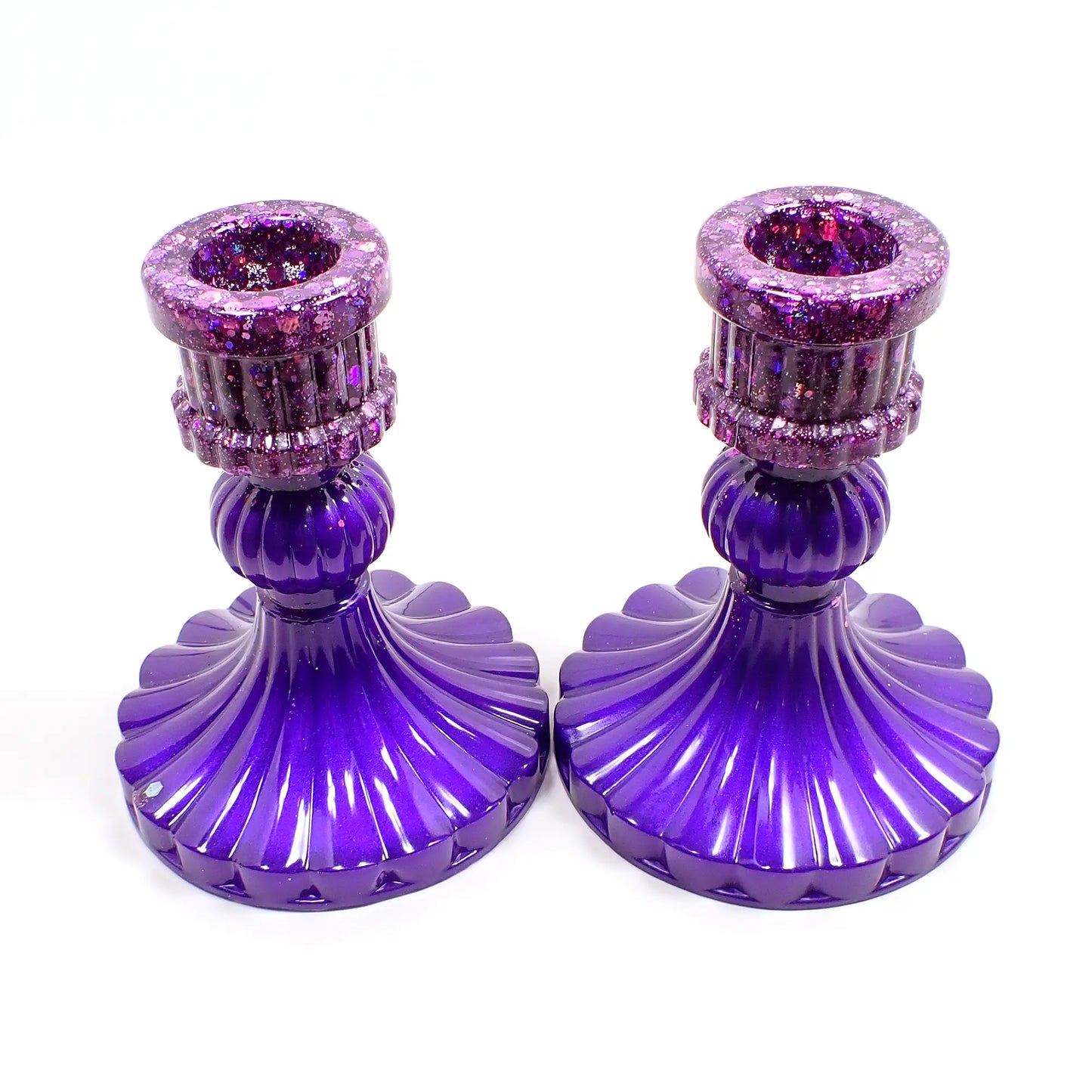 Set of Two Vintage Style Handmade Pearly Bright Purple Resin Candlestick Candle Holders with Chunky Iridescent Glitter