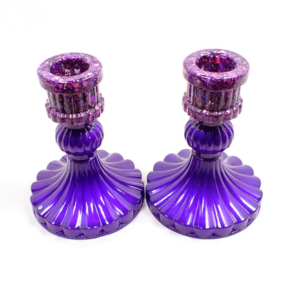 Set of Two Vintage Style Handmade Pearly Bright Purple Resin Candlestick Holders with Chunky Iridescent Glitter