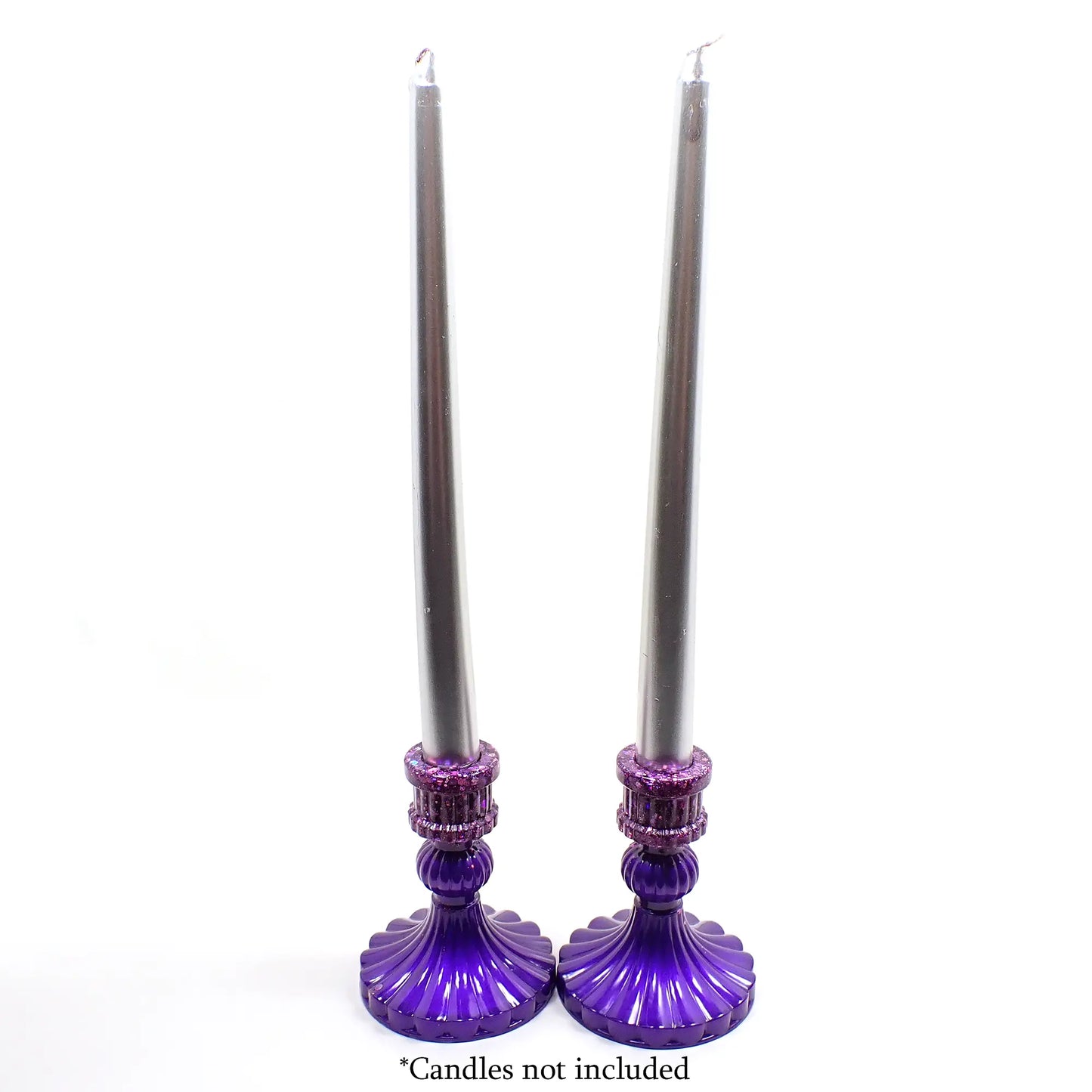 Set of Two Vintage Style Handmade Pearly Bright Purple Resin Candlestick Holders with Chunky Iridescent Glitter