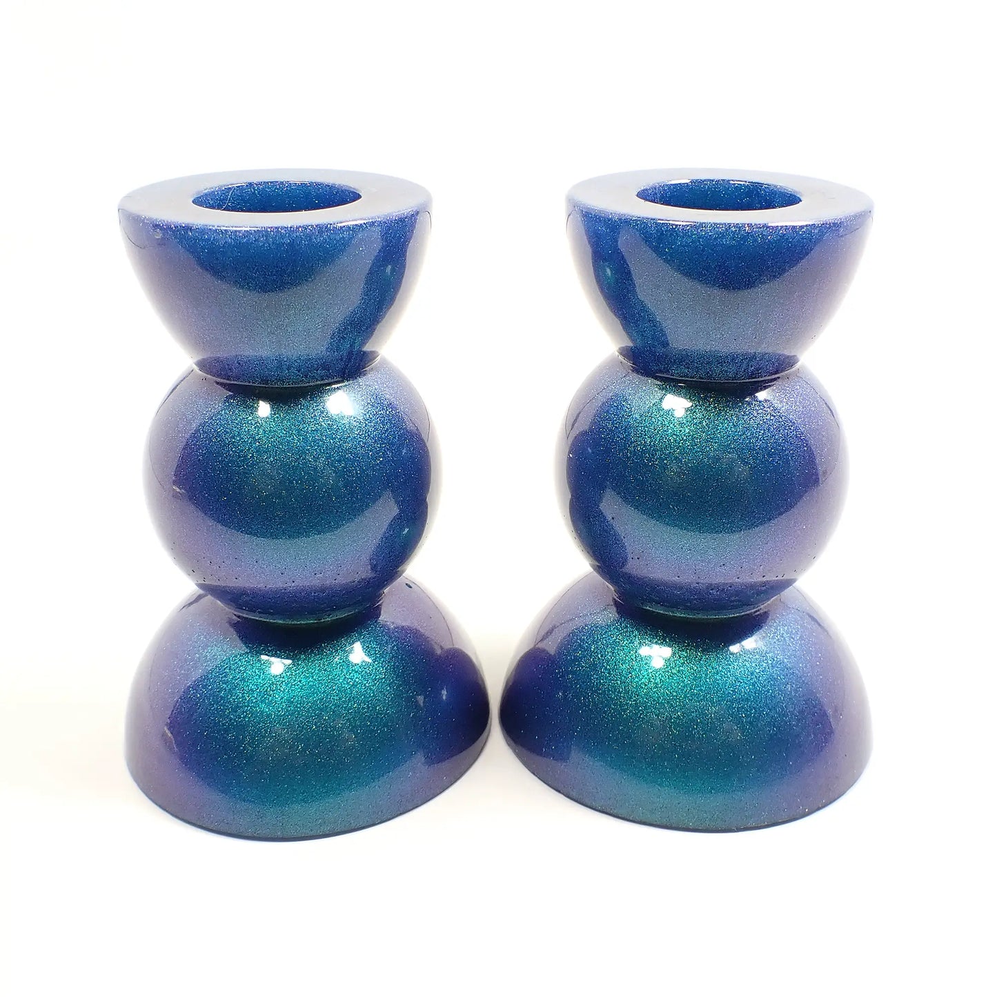 Set of Two Handmade Pearly Color Shift Blue Green Resin Rounded Geometric Candlestick Holders