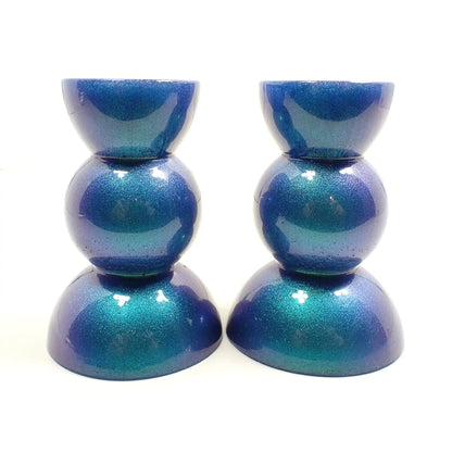 Set of Two Handmade Pearly Color Shift Blue Green Resin Rounded Geometric Candlestick Holders