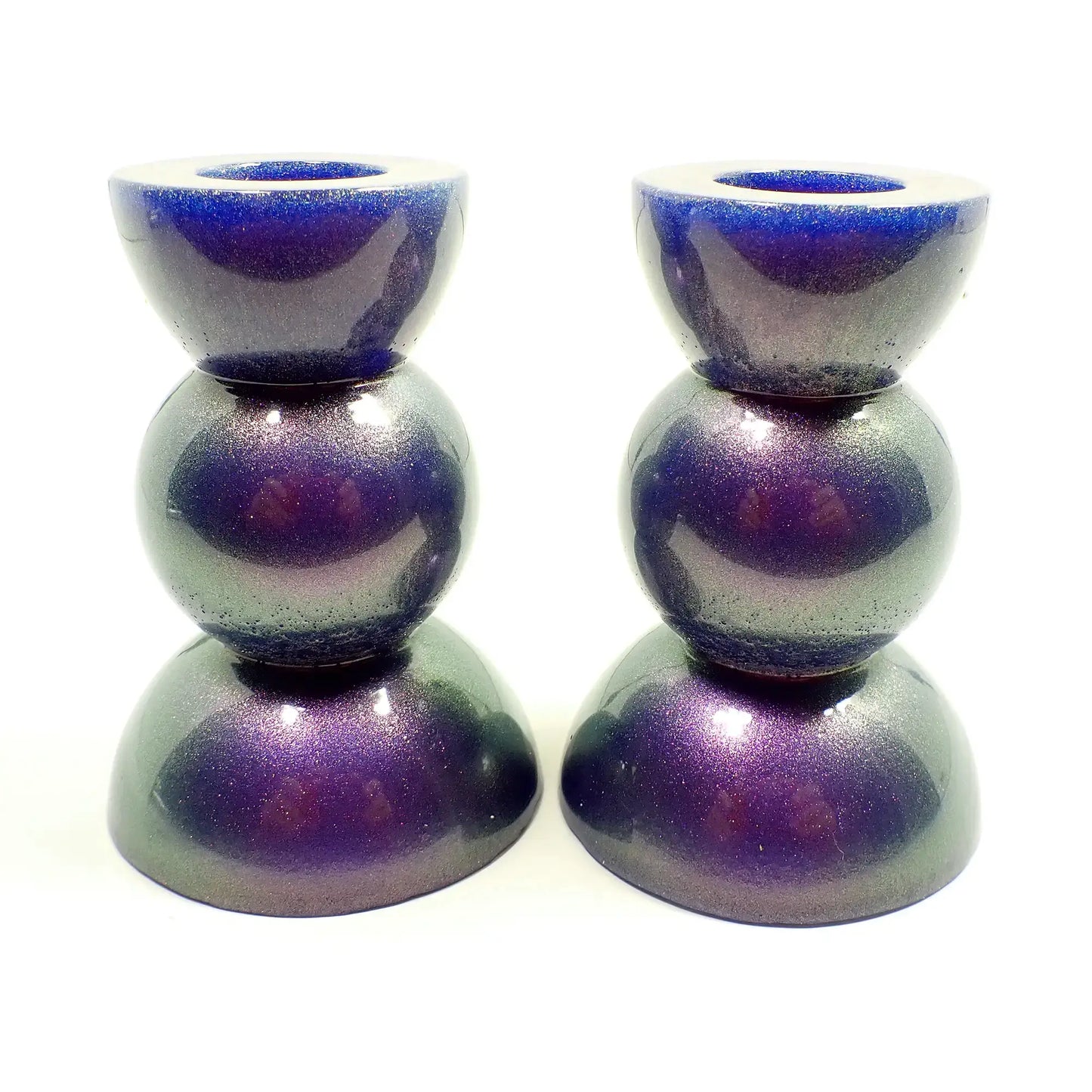 Set of Two Handmade Pearly Color Shift Purple Green Blue Resin Rounded Geometric Candlestick Holders