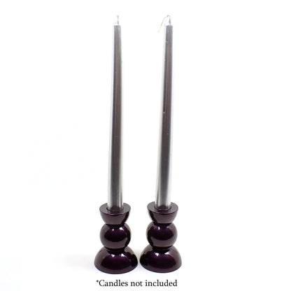Set of Two Handmade Pearly Deep Dark Purple Resin Rounded Geometric Goth Candlestick Holders