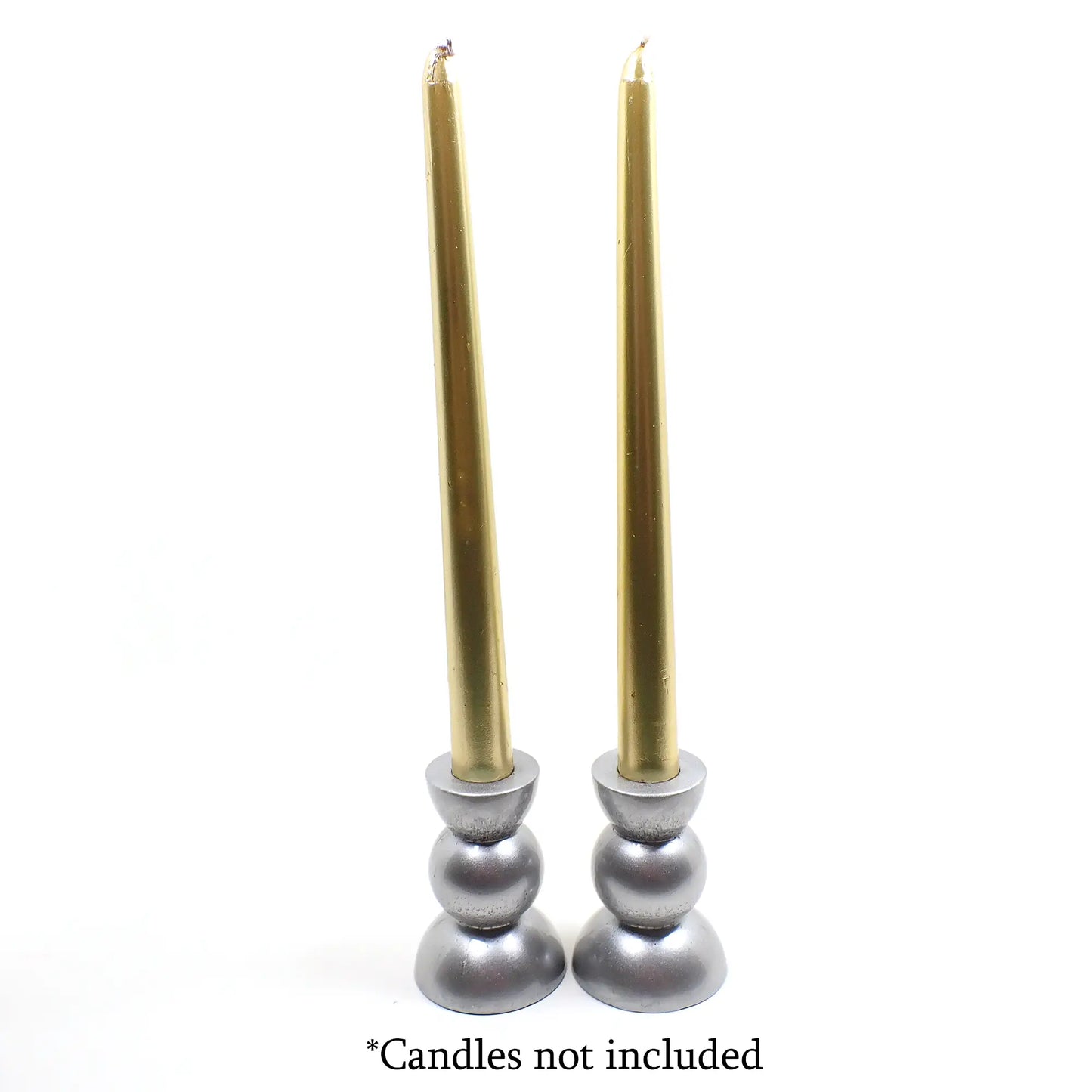 Set of Two Handmade Resin Pearly Metallic Silver Color Rounded Geometric Candlestick Holders