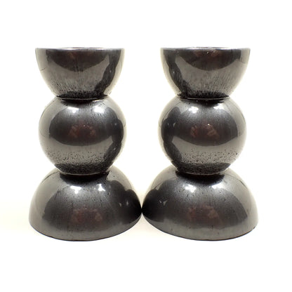 Set of Two Handmade Resin Pearly Metallic Gunmetal Gray Color Rounded Geometric Candlestick Holders